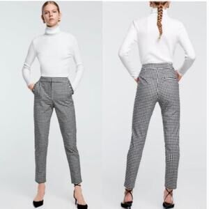 NEW ZARA Black White Gingham Check Plaid Mid Rise Ankle Crop Pant Pockets S